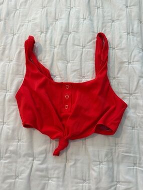 Beach Bunny Red Ribbed Tie-Front Bikini Top